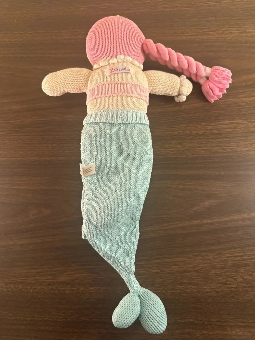 Zubels Knit Mermaid Plush Doll 16” Pink Blue Cotton Stuffed Toy Baby Lovey